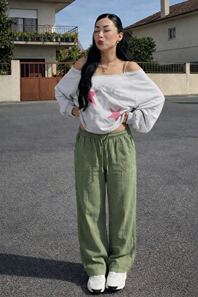 DAMGA JEANS Women's Elastic Waist Wide Leg Green Linen Trousers