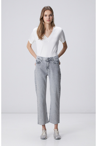 Network Açık Gri Kesik Paça Taş Baskılı Denim Pantolon