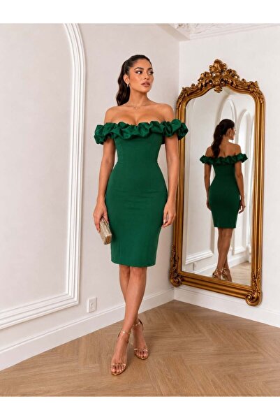 Modafeminen Rochie creion cu volane, fără umăr, smarald 583251