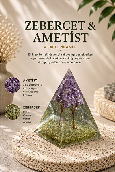 Saff Doğal Taş Zebercet & Ametist Ağaçlı Piramit