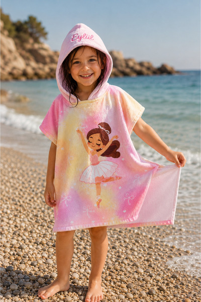 minilee children's happiness Balerin - İsimli Kız Çocuk Kapşonlu Panço Havlu – Deniz, Havuz ve Banyo Bornoz Pançosu 2-8 Yaş