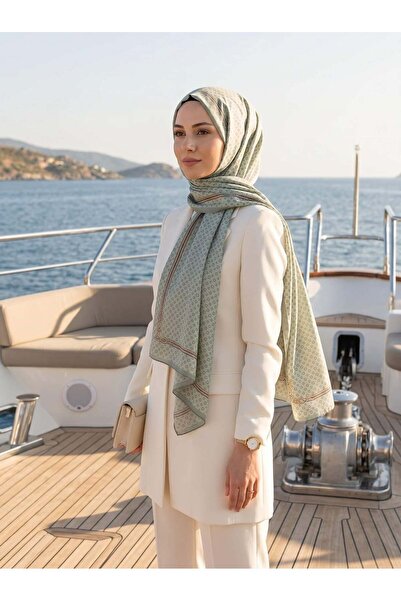 Vissona %100 İPEK ZİNCİR DESENLİ MİNT YEŞİLİ - GOLD RENKLİ ŞAL