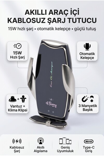 4 Berry A8g Gri Araç Tutucu – 15 W Kablosuz Hızlı Şarj, Otomatik Kıskaçlı