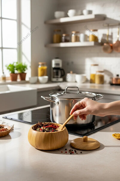 MİEN وعاء توابل من الخيزران مع ملعقة - تصميم مطبخ طبيعي وبسيط، تصميم أنيق، وع...