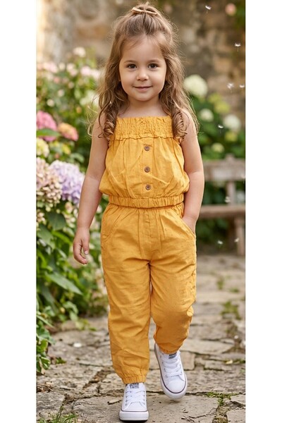 Tuffy Girl's Poplin Button Detailed Strappy Crop Top and Pants Summer Set