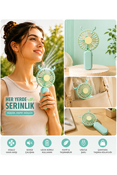 STAR TOYS Mini Şarjlı El Fanı USB Şarjlı Taşınabilir Sessiz Vantilatör Mint Y...