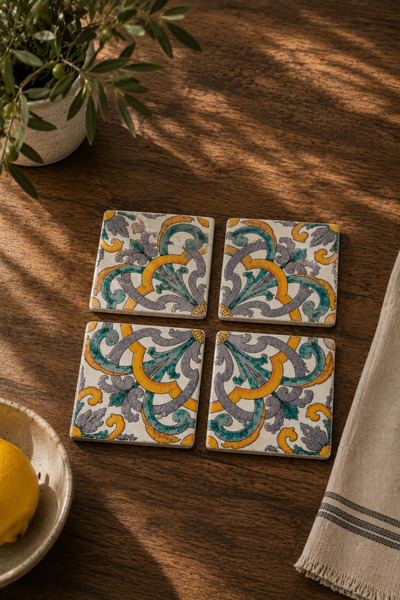 Anadolia Galata Floral Desen 4'lü Traverten Bardak Altlığı