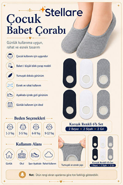 stellare Kız Erkek Bebek Görünmez Babet Çorap 6 Çift