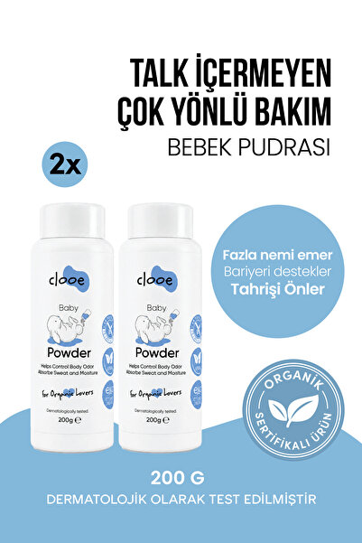clooe Organik Bebek Pudrası (200gr) Ferahlatıcı Etki Hassas Ciltlere Özel Tal...