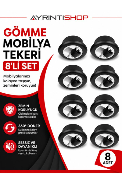 AYRINTISHOP Gömme Mobilya Tekeri 8 Adet Gizli Montajlı Dolap Çekmece Sehpa ve...