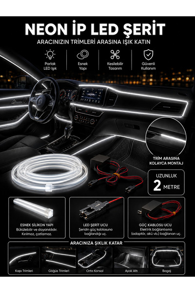 SNSTİCARET Araç Içi Torpido Ledi Şerit Led Ip Led Neon Beyaz 2 Metre
