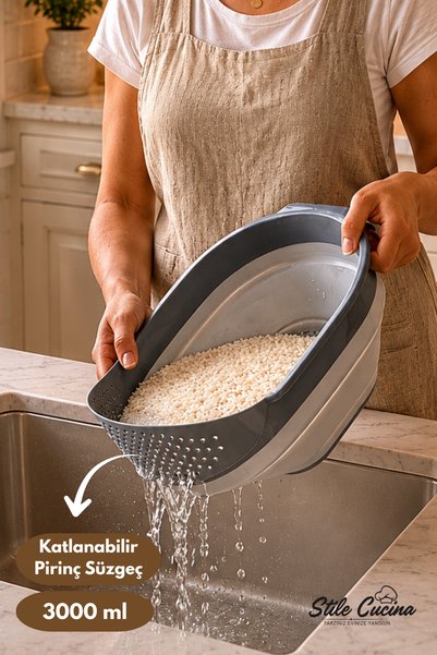 Stile Cucina 4-Piece Accordion Folding Strainer Set - Kitchen Dowry Set - (Accordion Handle Rice Strainer Funnel Gray)