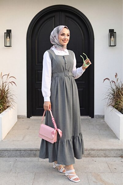 Modamorfo Buttoned Top, Ruffled Bottom, Belted Waist Gilet Dress - Smoked