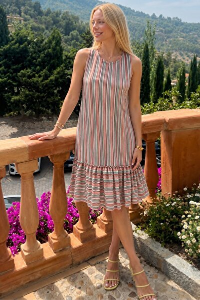 armonika Rochie cu volane pentru femei, portocaliu-alb, cu model, fără mâneci...