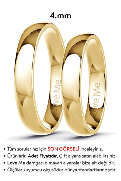 Love Me 4mm 1 Adet Kararmaz Yeni Model Parlak Altın Renk Bombeli Çelik Alyans...