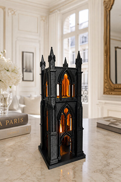 morbella 3D Siyah İskandinav Gotik Şato Tasarımlı Dekoratif LED Mumluk ve Ev ...