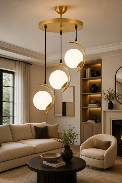 ESSLİGHT Flora 3’lü Eskitme Beyaz Camlı Modern Salon Mutfak Yatak Odası Avizesi