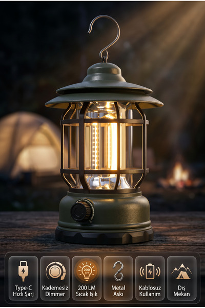 MAKAMP Nostaljik LED Kamp Lambası – Şarjlı, Askılı, Dekoratif Fener