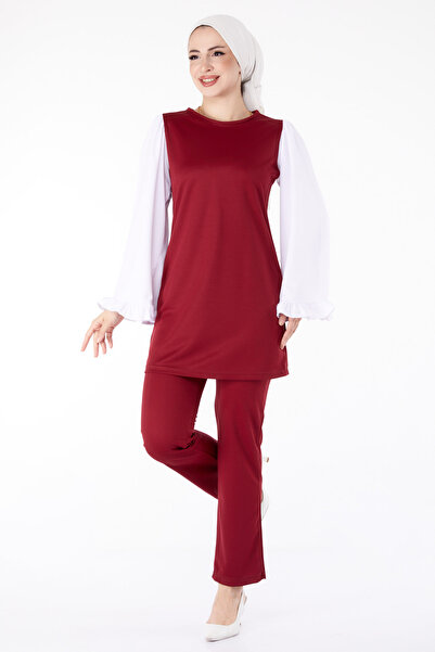 TOFİSA Düz Bisiklet Yaka Kadın Bordo Tunik Pantolon İkili Takım - 13198