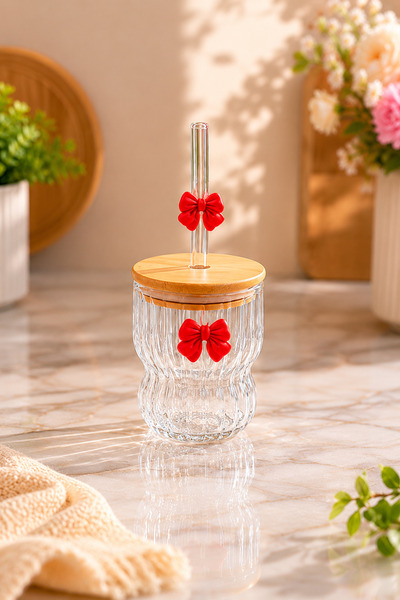 İnterlife Fiyonk Detaylı Cam Pipetli Kahve Bardağı Smoothie ve Meyve Suyu Bar...