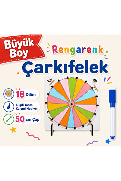 VoleeCraft BÜYÜK BOY 18 DİLİM Renkli Çarkıfelek Oyunu Ahşap Eğitim Materyali