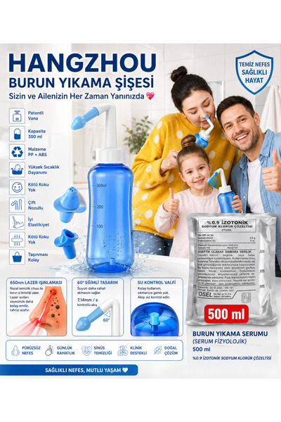 HANGZHOU Burun Yıkama Şişesi 300ml Neti Pot Sinüs Durulama Seti + OSEL BURUN YIKAMA SIVISI 500ml