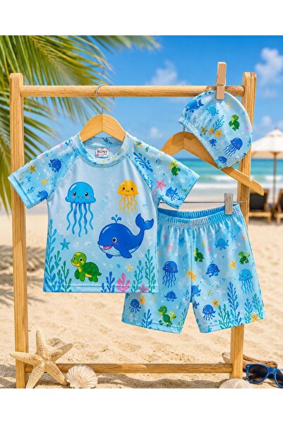 rony pony kids Erkek Çocuk UV Korumalı Mayo Takımı Şapkalı 3 Parça