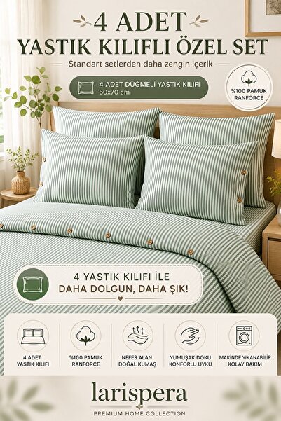 Larispera King Size Buttoned Cotton Ranforce Bed Sheet with Elastic and 4 Pillows, Striped Duvet Cover Set