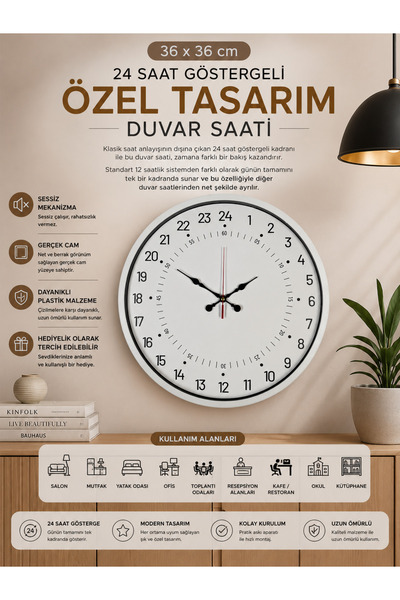ZENTİME 36 Cm Beyaz 24 Saat Göstergeli Özel Tasarım Duvar Saati