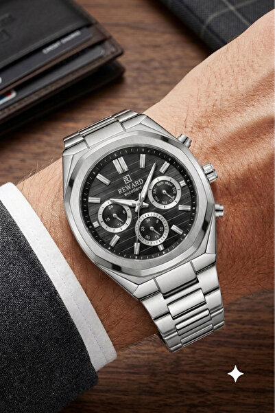 Reward Men's Silver Metal Cord Black Dial Wrist Watch with 2 Year Warranty