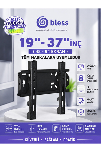 Bless Sunny Woon 32" 82 Ekran Lcd Tv Sabit Duvar Askı Aparatı + Su Terazili