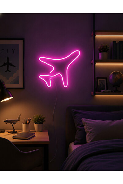 STUDYO YORA Uçak Figürlü LED Neon Duvar Tablosu | Pembe Aydınlatmalı Modern D...