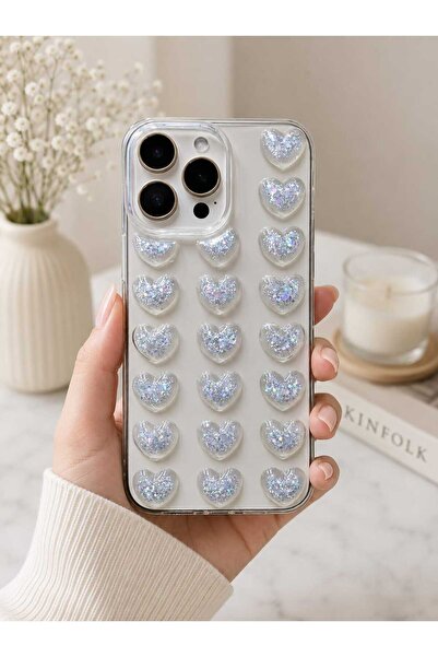 shop Iphone 12 Uyumlu 3d Kabartmalı Simli Kalp Detaylı Şeffaf Slikon Kılıf Kapak
