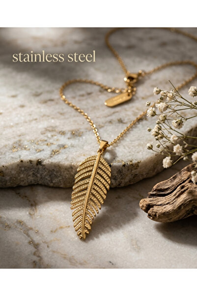 stainless steell gold renk tek yaprak model çelik kolye
