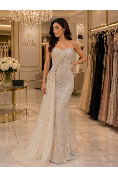 Hot Contact Sweetheart Neckline Beaded Tulle Detailed Mermaid Evening Dress