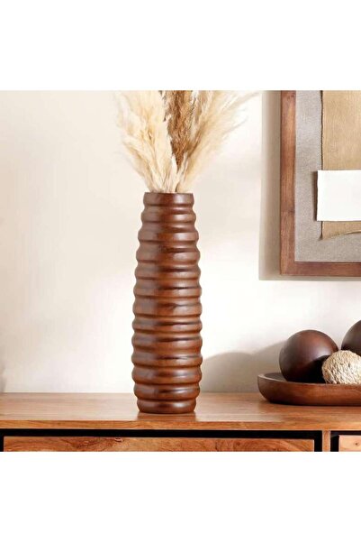 PAN HOME مزهرية ديكور بتصميم مضلع من خشب البقان 13x13x41 سم - بني