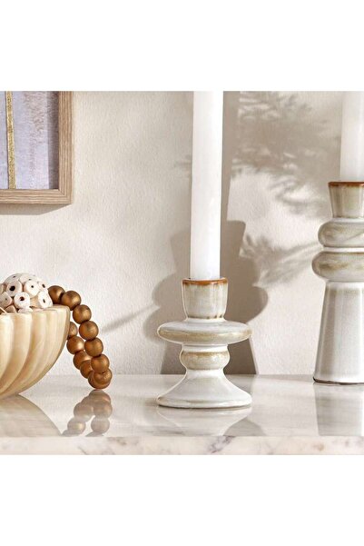 PAN HOME Niva Ceramic Taper Candle Holder 7x7x9.5cm - Beige