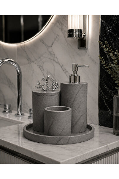 BeeCandleHome Gri Mermer Desenli 5’li Banyo Seti - Gümüş Renk Pompa ve Toka