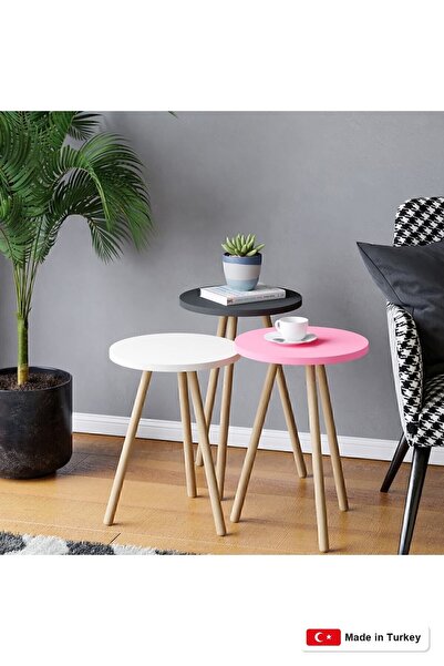 interGO 3 Pieces Coffee Table Wooden Legs Round - Pink / White / Gray