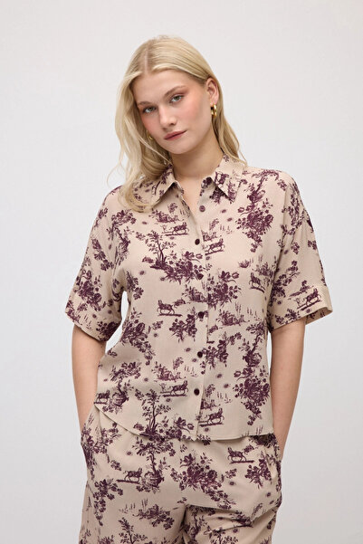 Gusto Short Sleeve Patterned Viscose Shirt - Beige