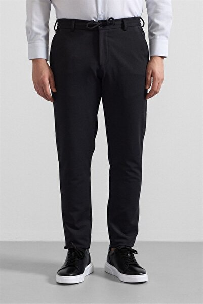 SÜVARİ Siyah Slim Düz Gabardin Bağcıklı Su Geçirmez Jogger Pantolon