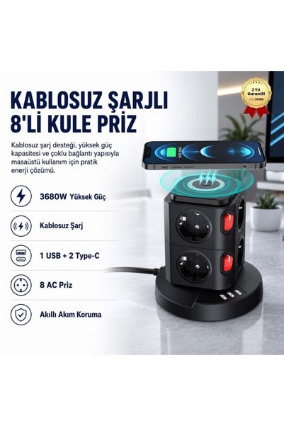 hızlı store Kablosuz Şarj Destekli 3680W 8'li kule Priz-Wireless Şarj Destekli