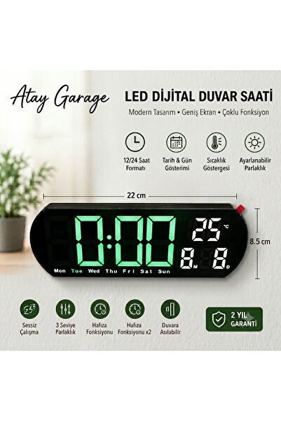 Atay Garage LED Dijital Masa veya Duvar Saati – Sıcaklık Göstergeli Modern De...
