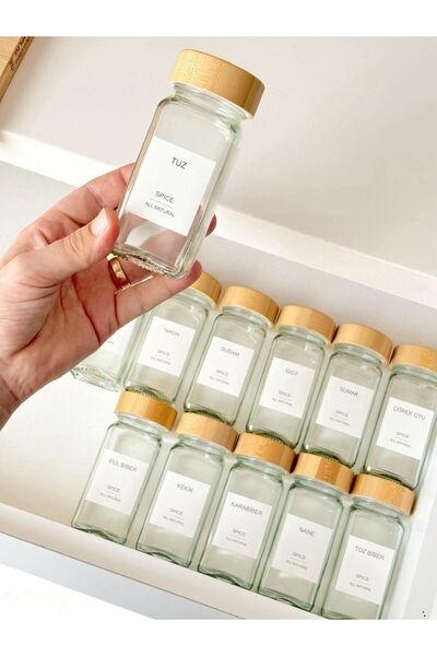 EG75 12 Square Shaped Glass Spice Holders Set with 32 Stickers as a Gift...