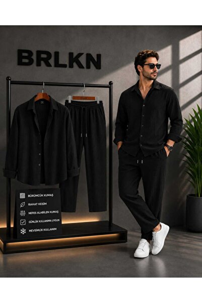 BRLKN Boyfriend Fit Seersucker Alaçatı Unisex Bürümcük Shirt Tracksuit Set