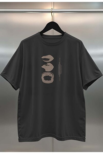 buzagi Lips Digital Print Black and White Oversize Unisex T-Shirt