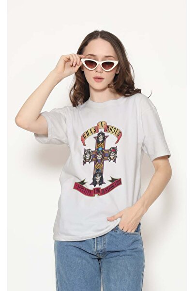 buzagi tasarım ürünleri Guns N' Roses Regular Fit Unisex White T-Shirt