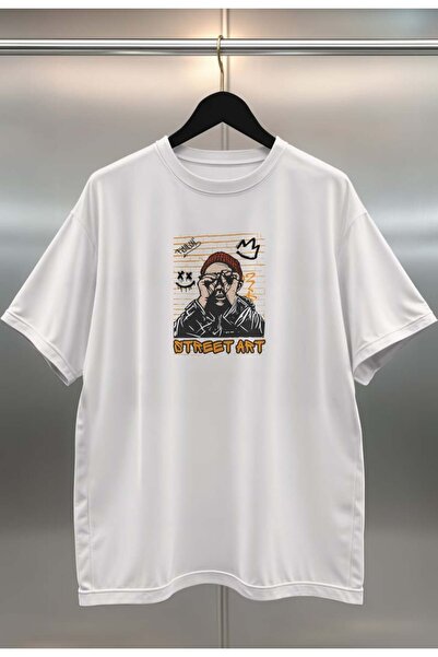 buzagi Street Art Digital Print Oversize White Unisex T-Shirt