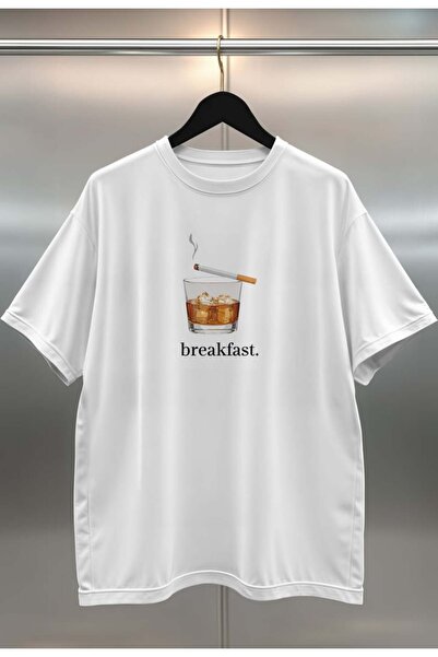 buzagi tasarım ürünleri Breakfast Digital Print Oversize White Unisex T-Shirt