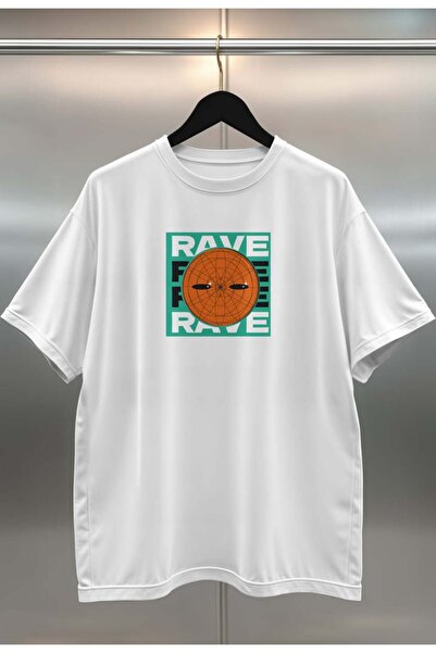 buzagi tasarım ürünleri Rave World Digital Print Oversize Unisex White T-Shirt